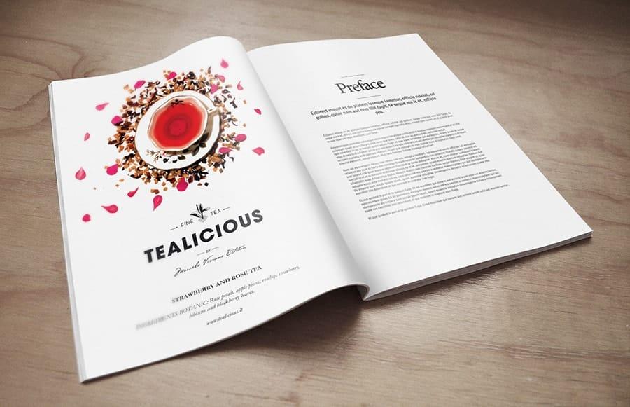 The first page of a magazine is opened showing branding for Tealicious