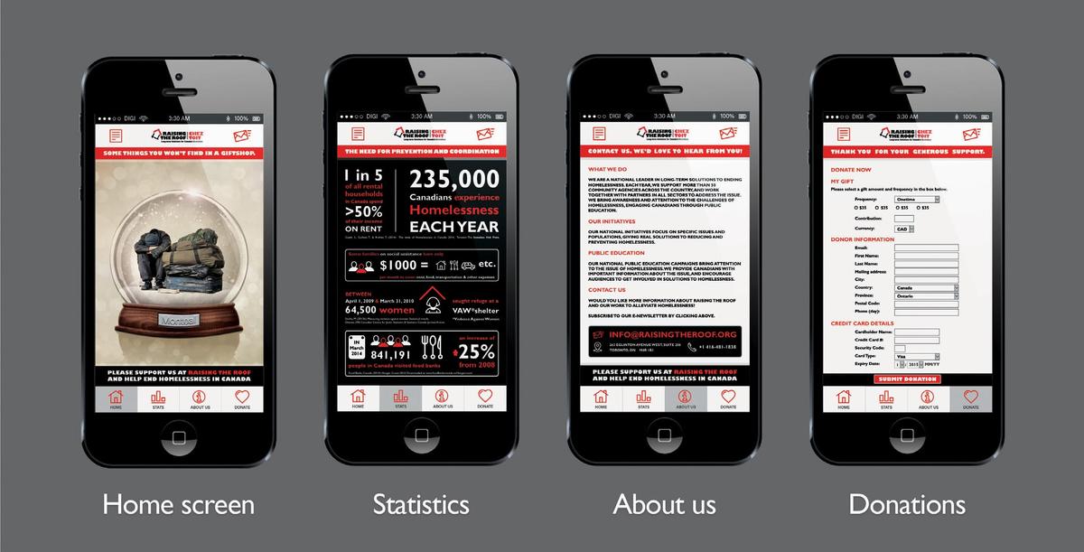Four pages of a mobile site providing information and allowing for donations for homelessness