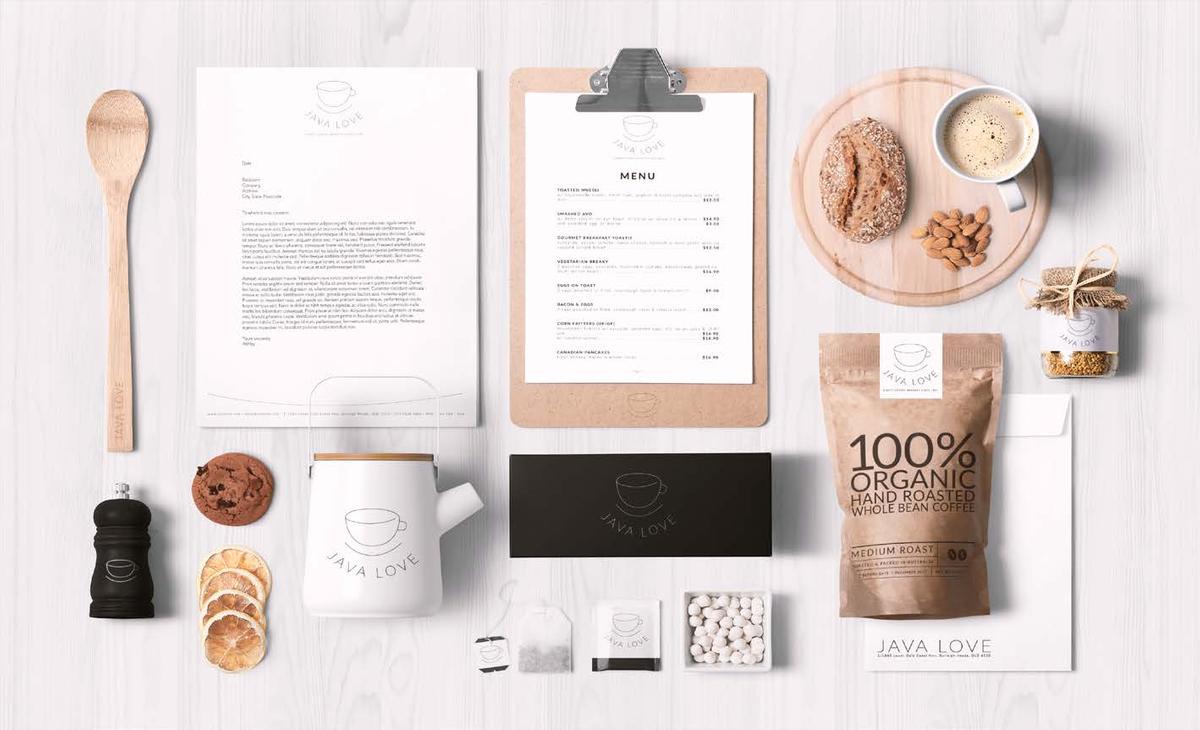 Java Love products layed out on a pale wooden table and organised in a neat grid