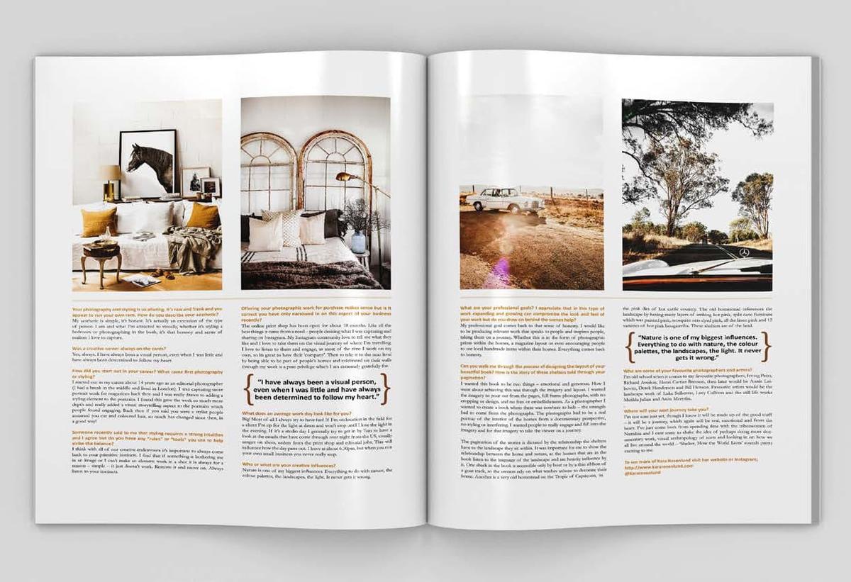 Full spread magazine featuring a horse painting, bed, outback road and car driving past trees