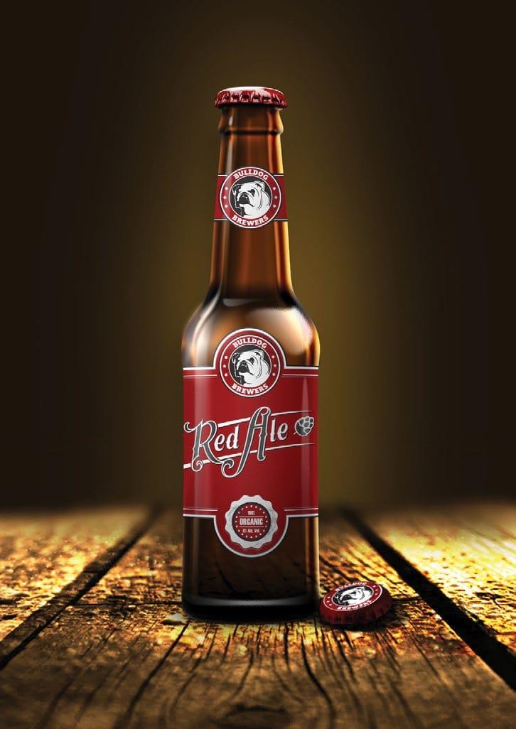 Red Ale beer bottle on wooden table