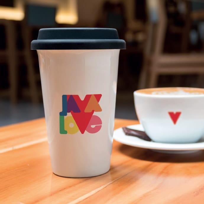 JavaLove photo of a cermaic coffee cup and a plastic keep cup