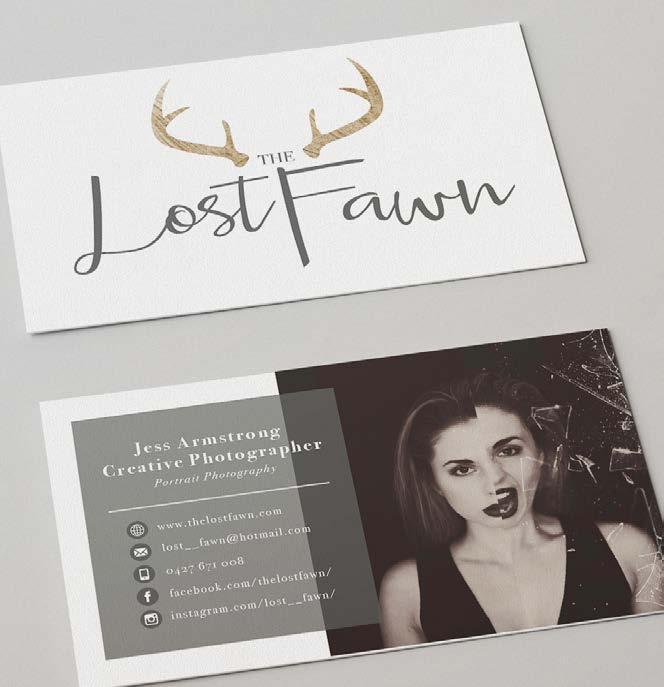 Front and back of a business card for Jess Armstrong of Lost Fawn