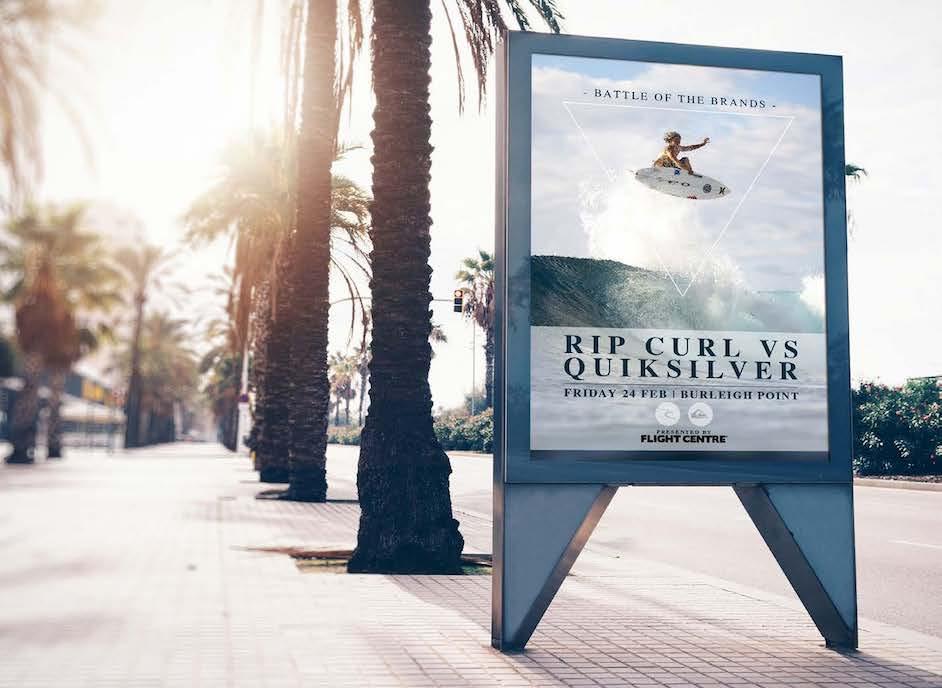 Advertising feature for Rip Curl and Quicksilver brands infront of a pathway with palm trees