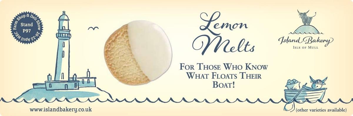 Promotional cartoon for lemon melts, featuring a hand drawn lighthouse, goat and rowing viking