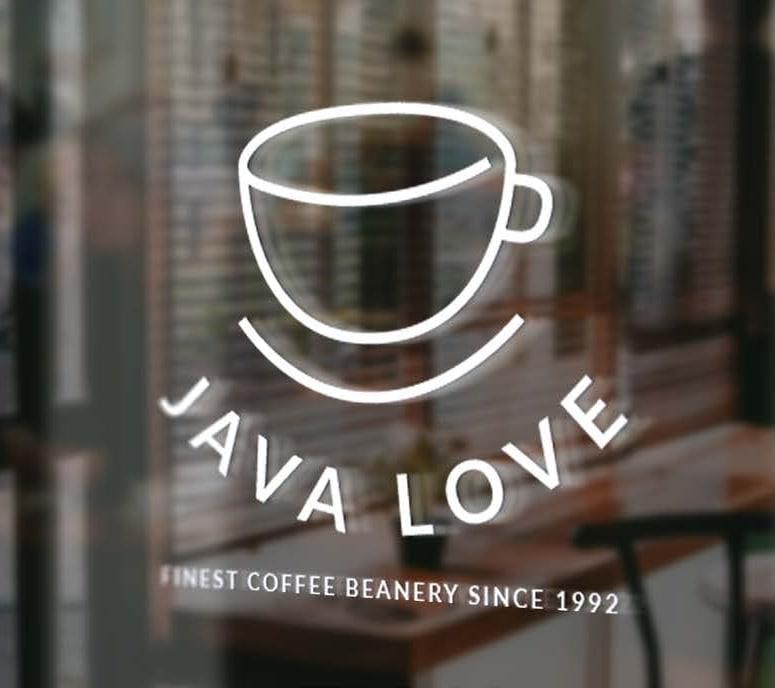 Java Love Logo on the front of a coffee shop door with people seen in the reflection