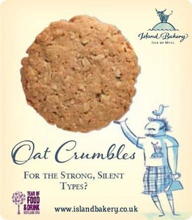 Oat Crumbles cookie being held up by a cartoon man in a kilt and a seagull on his head with Island Bakery Branding