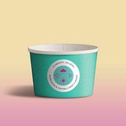 There is an empty gelato cup with an icon depicting a storm in front of a pink and yellow background