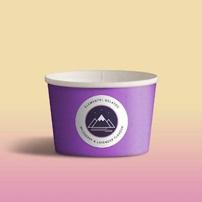 There is an empty gelato cup with an icon depicting a storm in front of a pink and yellow background