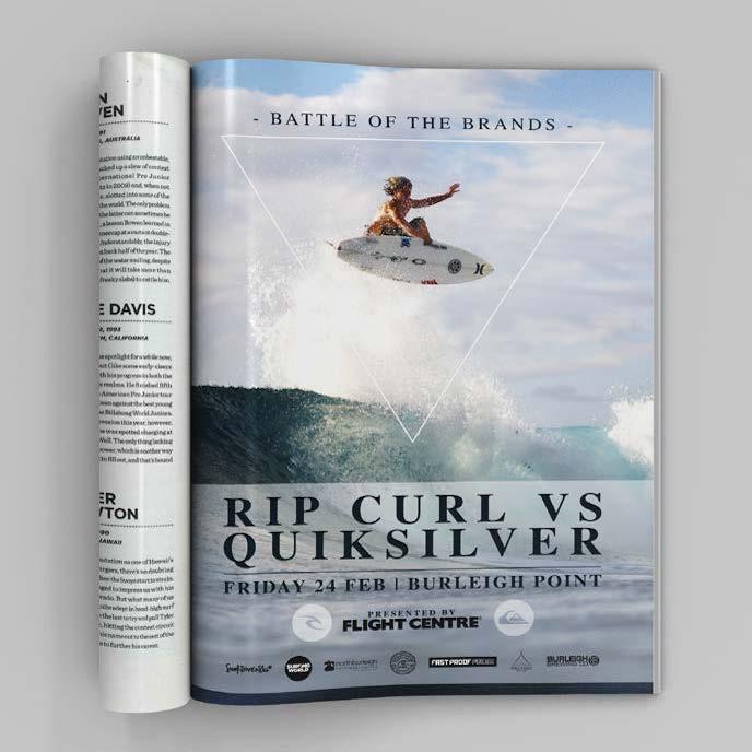 Magazine folded to page shwoing Rip Curl and Quicksilver Brands with a surfer getting air