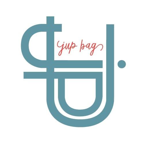 Yup bag logo layout in blue with red text