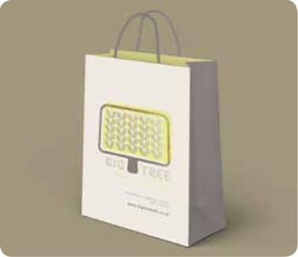 A graphic depiciton of paperbag with branding for Big Tree knitting supplies