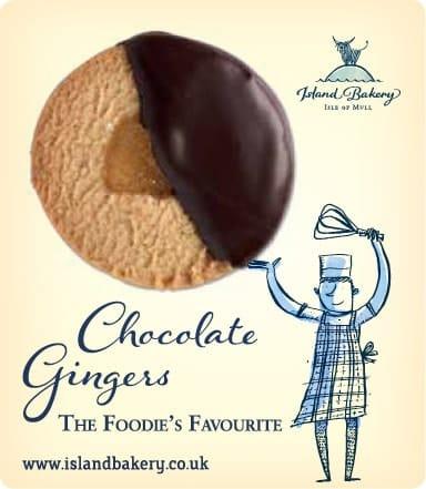 Chocolate Ginger cookie being held up by a cartoon chef with Island Bakery Branding