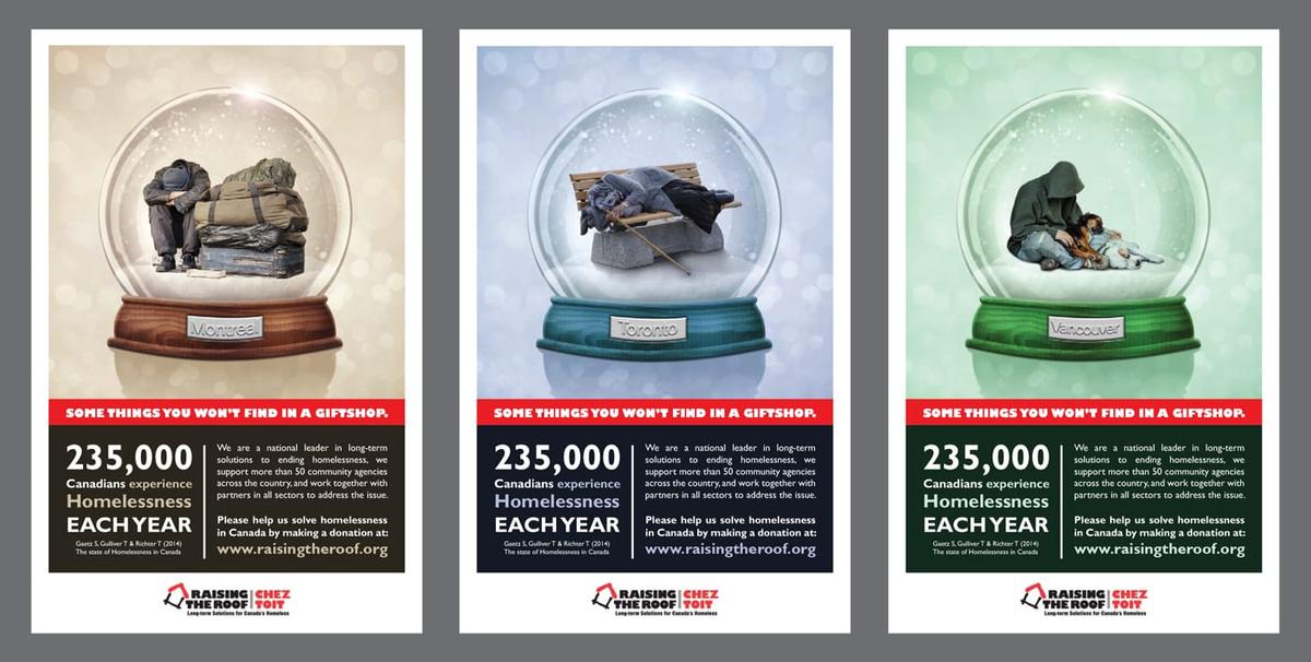Three snowglobes of different colours featured in a campaign promoting homeless awareness