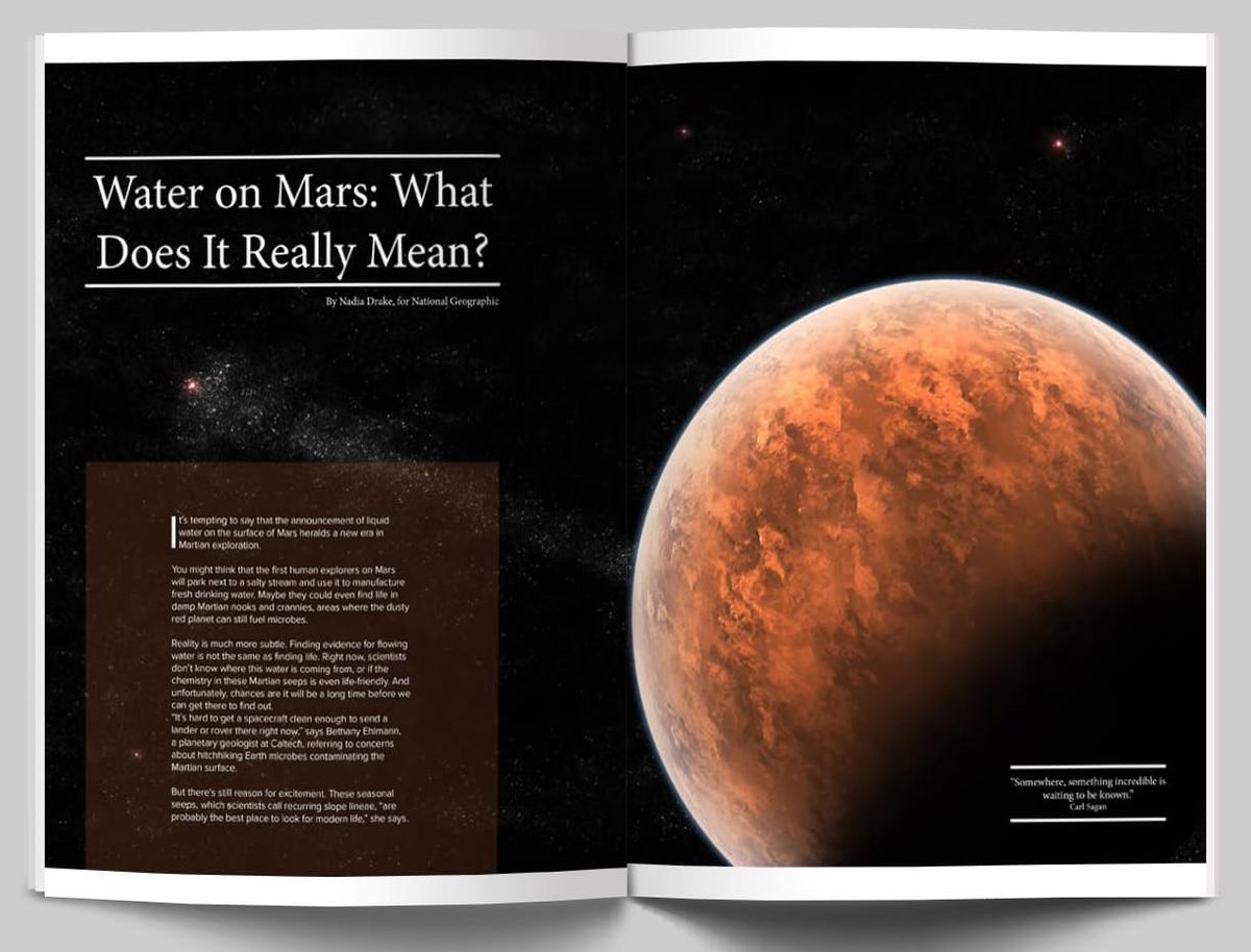 Magazine Spread featuring the planet mars with a headline regarding water on Mars