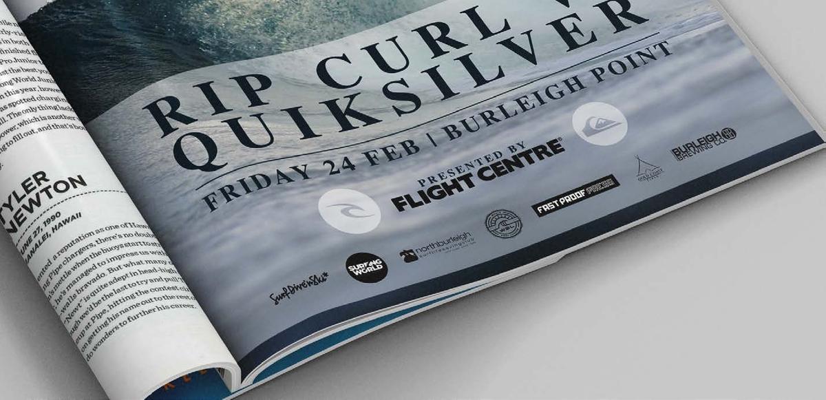 Magazine folded to page shwoing Rip Curl and Quicksilver Brands with sponsors listed at the bottom