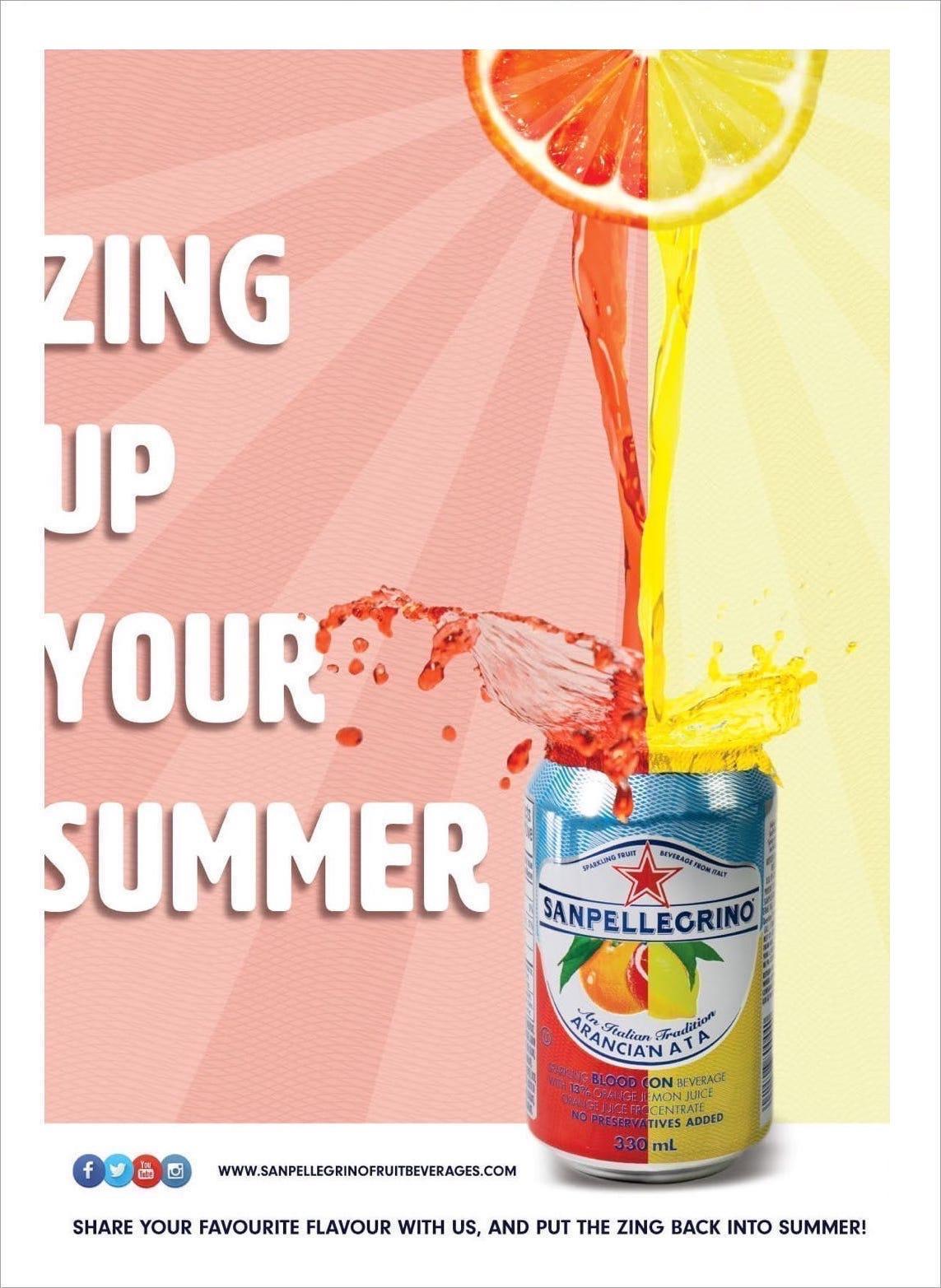 San Pellegrino with red and yellow liquids being pored into it with zing up your summer written